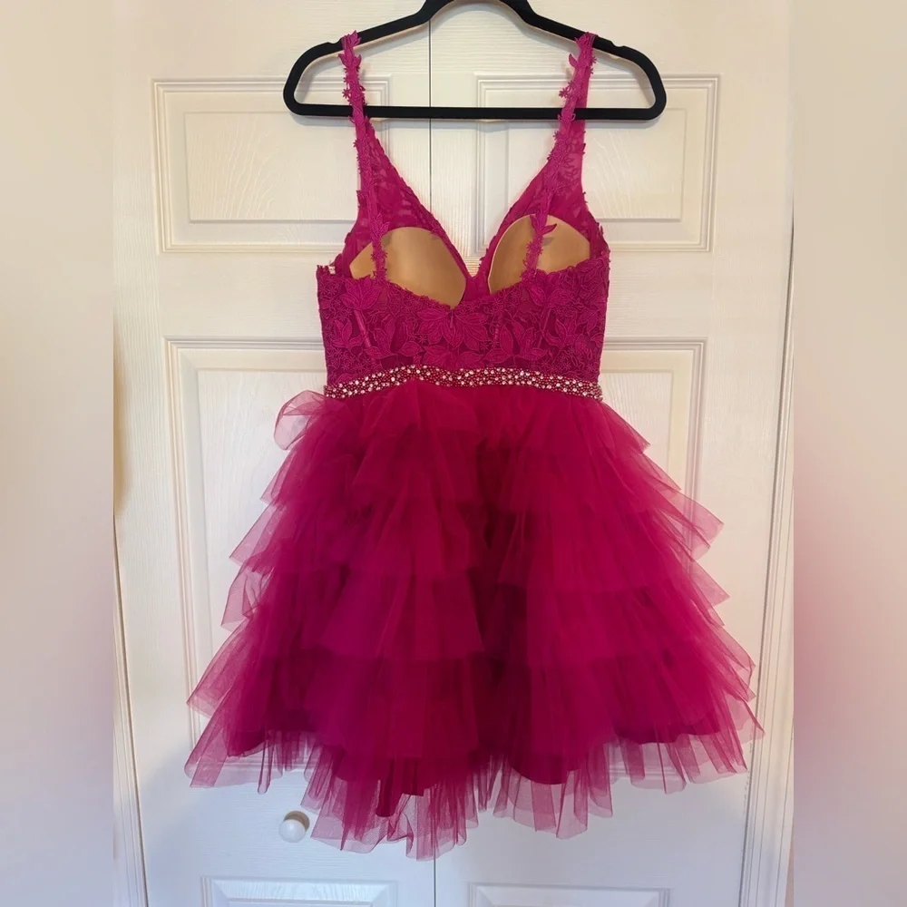 Jovani Fuchsia Lace Tiered Kids Dress